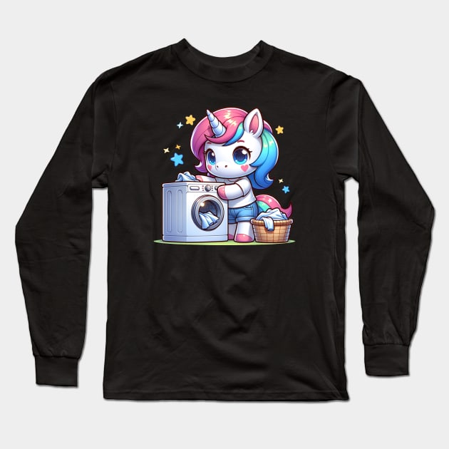 Magical Laundry Day with Unicorns 🧺 Long Sleeve T-Shirt by Pink & Pretty